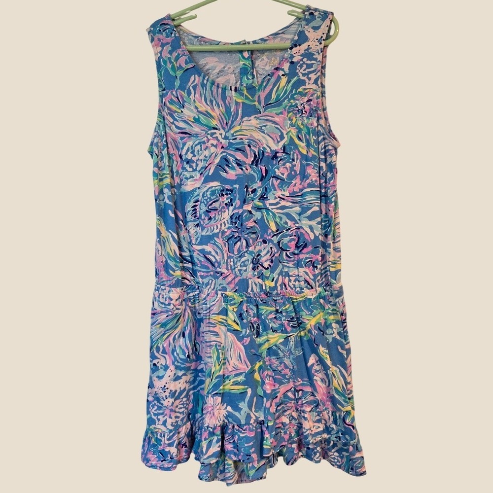 Lilly Pulitzer Girls Blue Pink Sea Floral Ruffle Romper Size 13-14